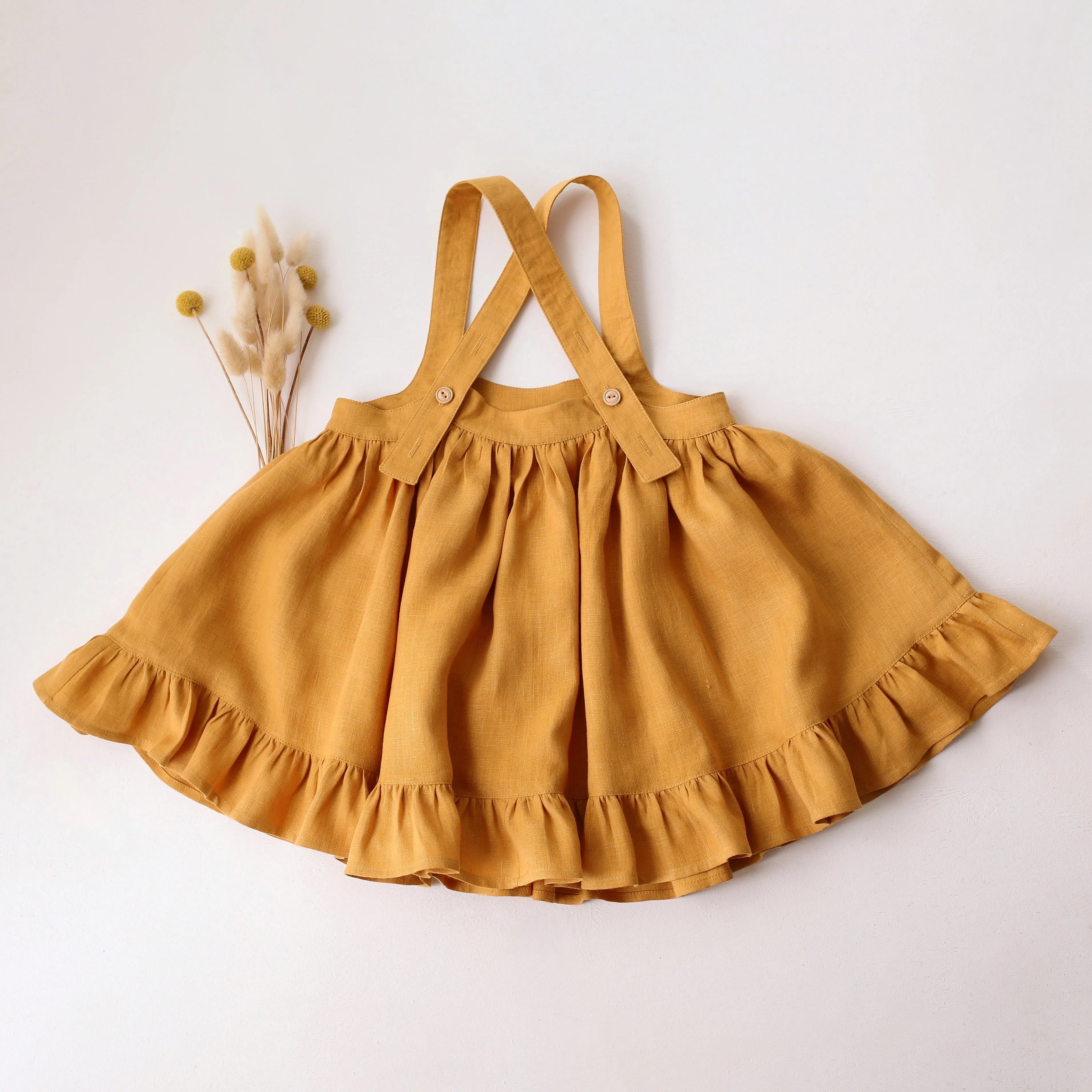 Amber Linen Straps Pinafore with Frills with Strawberry Embroidery