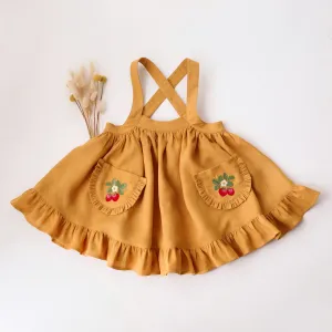 Amber Linen Straps Pinafore with Frills with Strawberry Embroidery