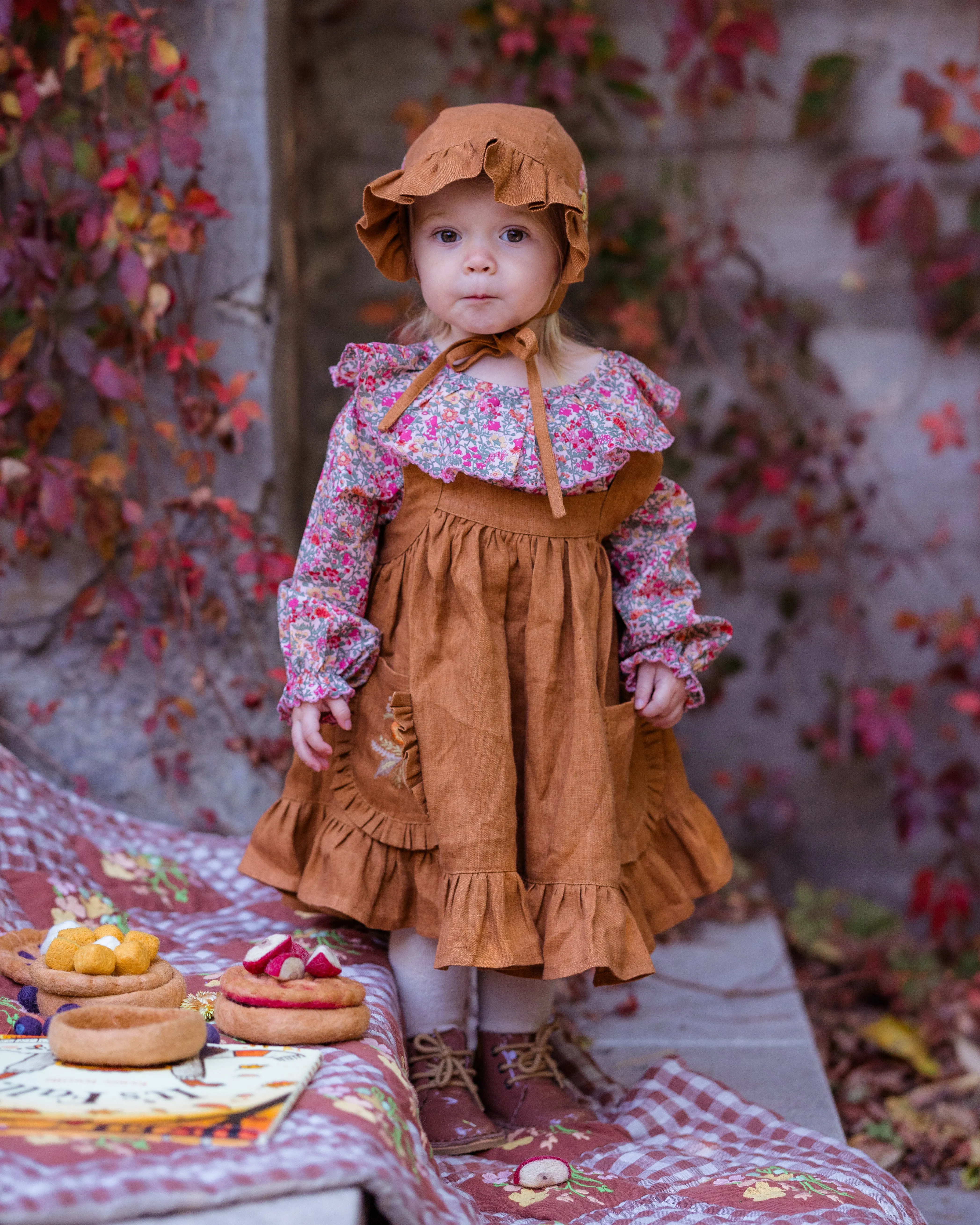 Burnt Orange Linen Straps Pinafore with Frills with Autumn Bouquet Embroidery