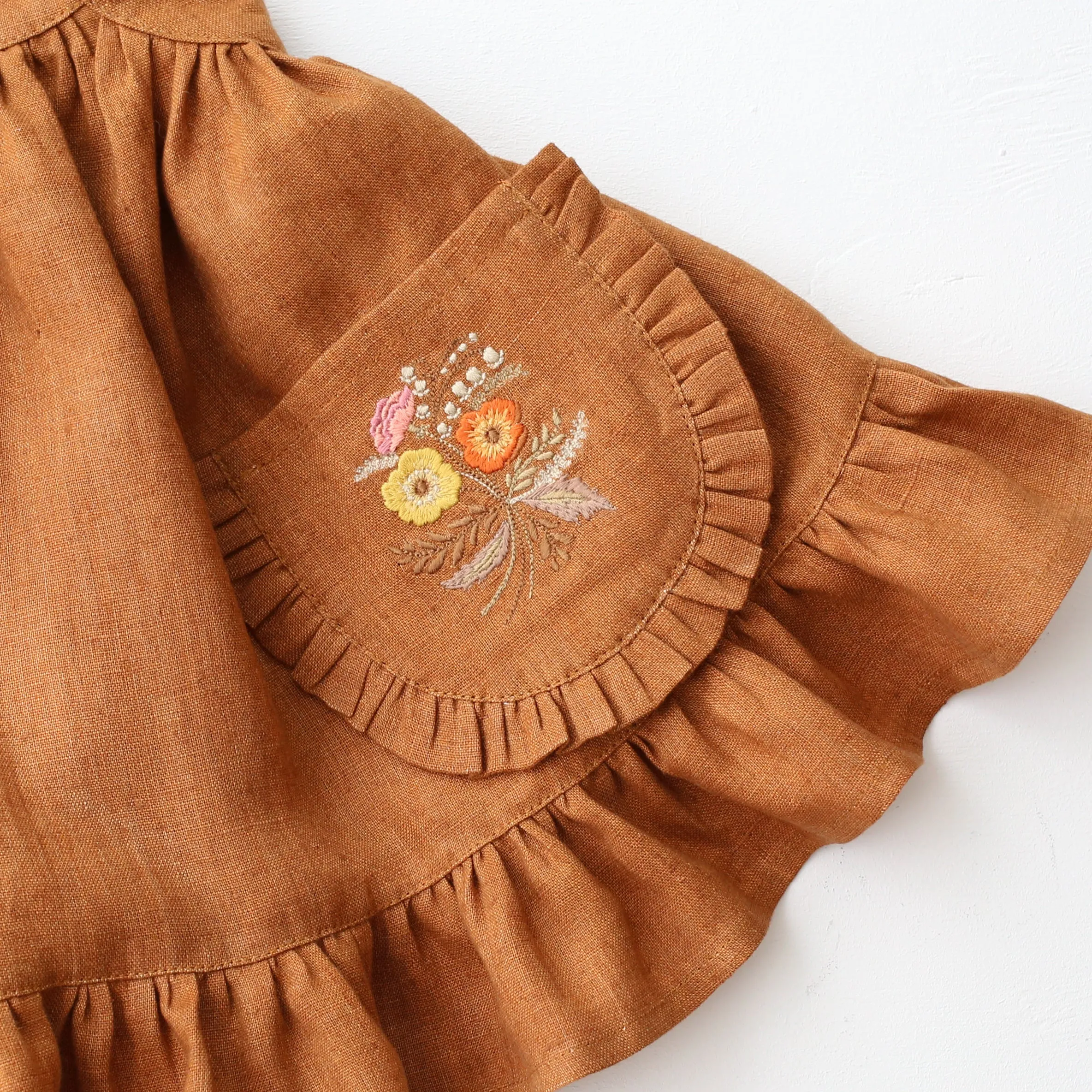 Burnt Orange Linen Straps Pinafore with Frills with Autumn Bouquet Embroidery