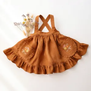 Burnt Orange Linen Straps Pinafore with Frills with Autumn Bouquet Embroidery
