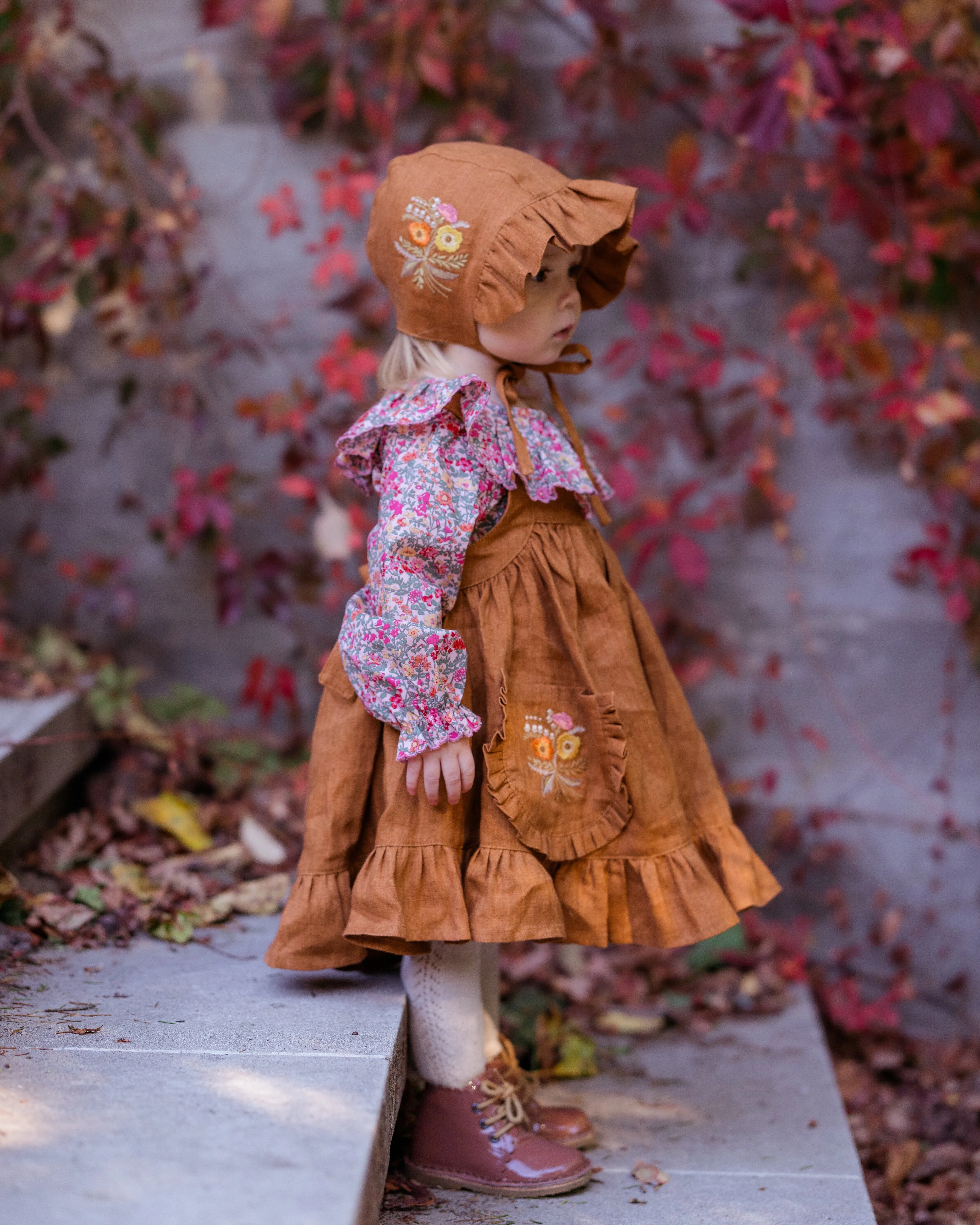 Burnt Orange Linen Straps Pinafore with Frills with Autumn Bouquet Embroidery