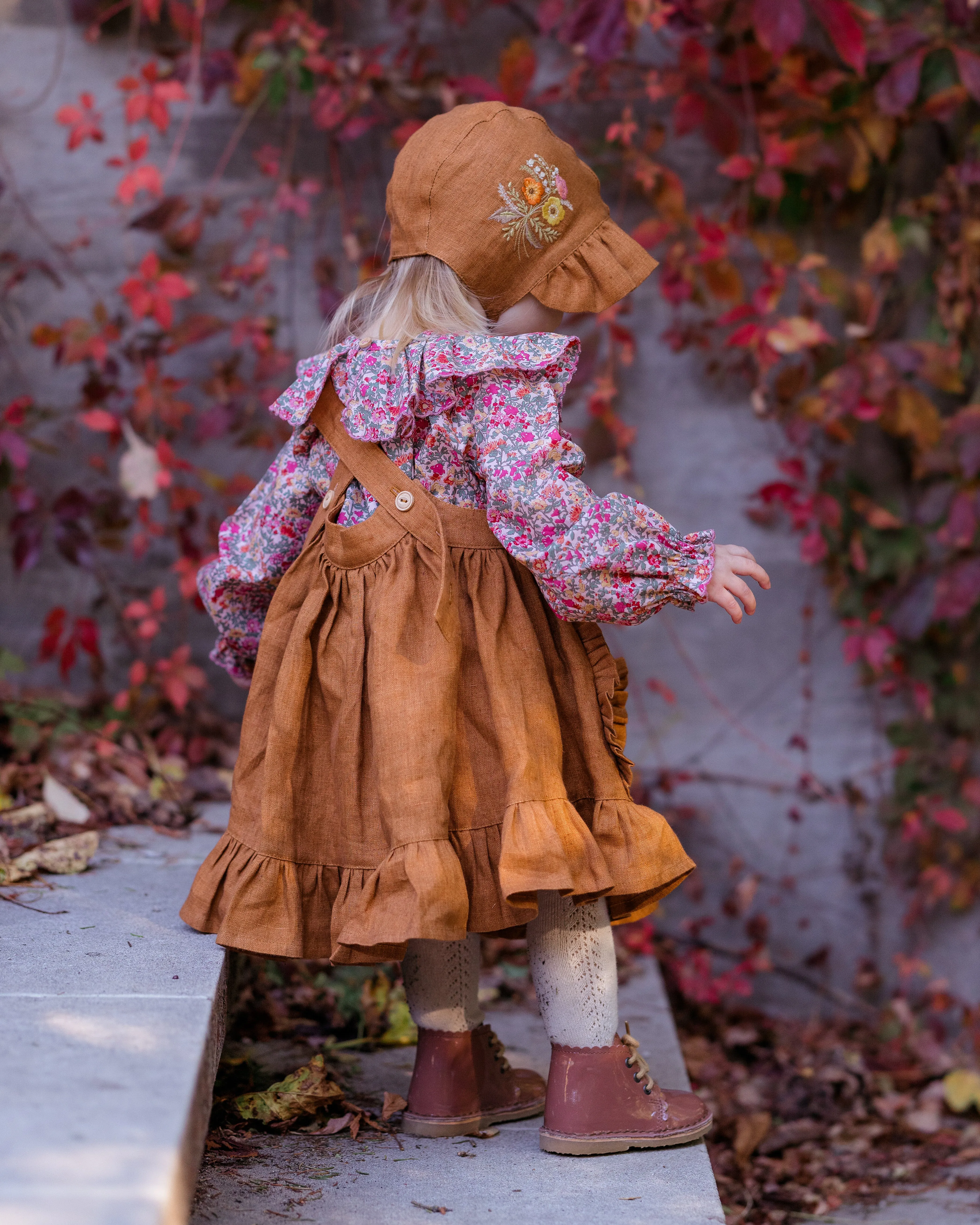 Burnt Orange Linen Straps Pinafore with Frills with Autumn Bouquet Embroidery
