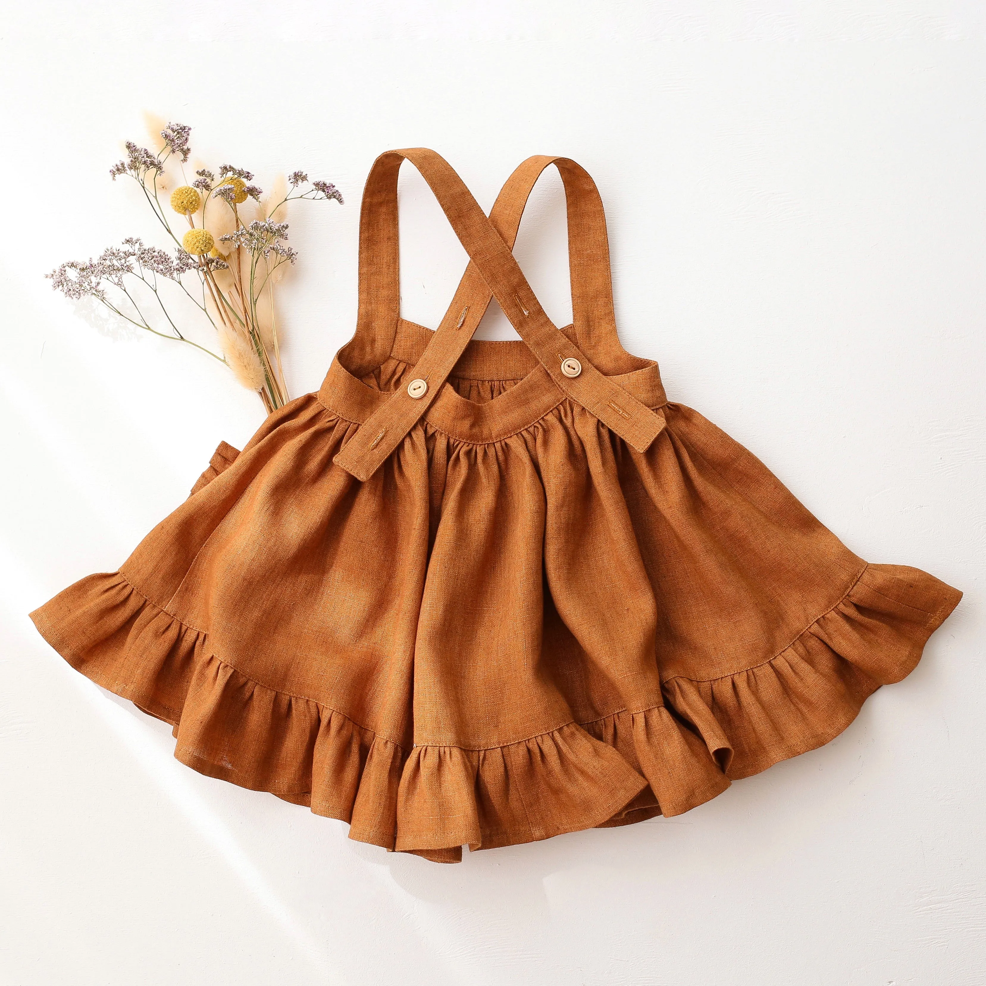 Burnt Orange Linen Straps Pinafore with Frills with Autumn Bouquet Embroidery