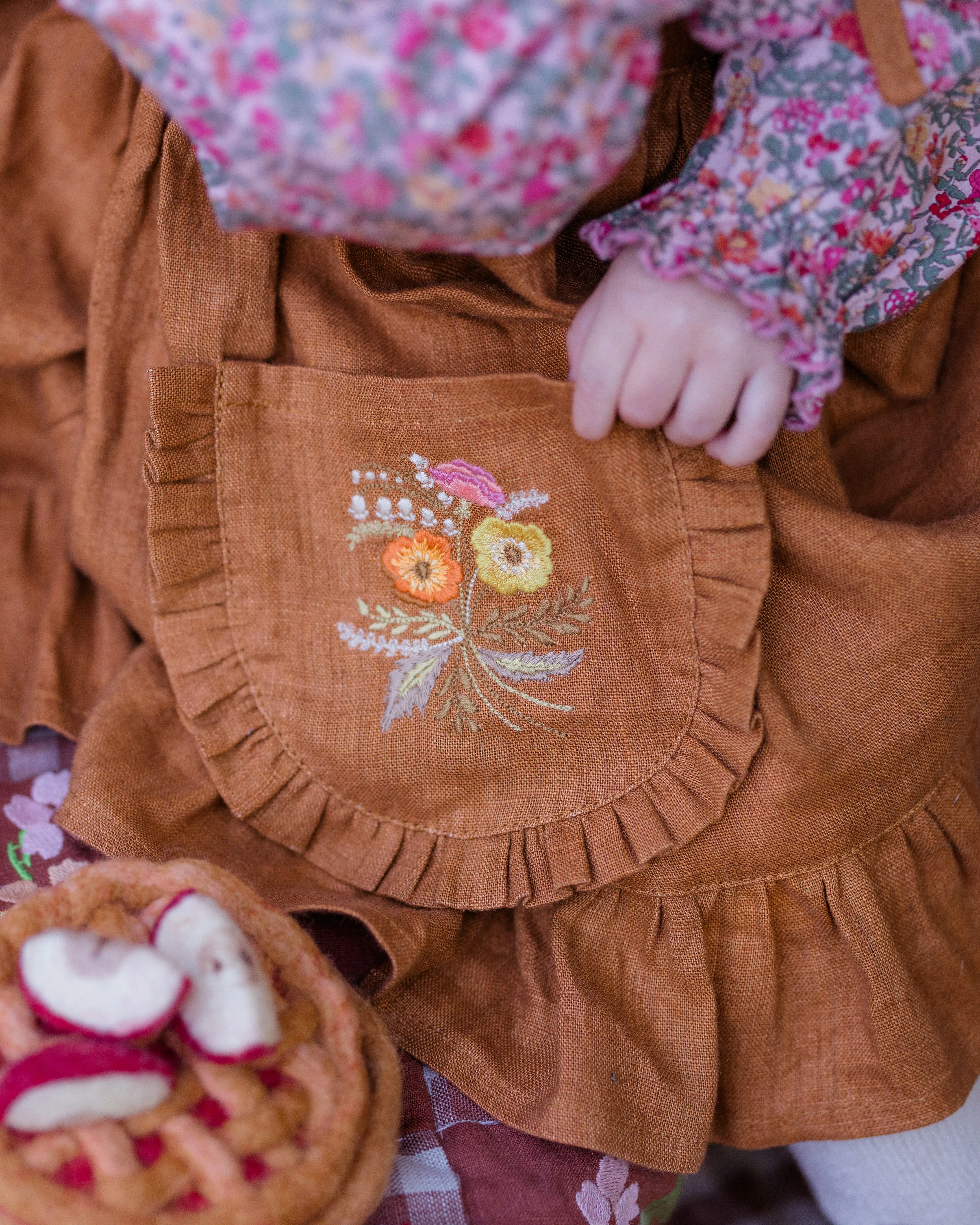 Burnt Orange Linen Straps Pinafore with Frills with Autumn Bouquet Embroidery