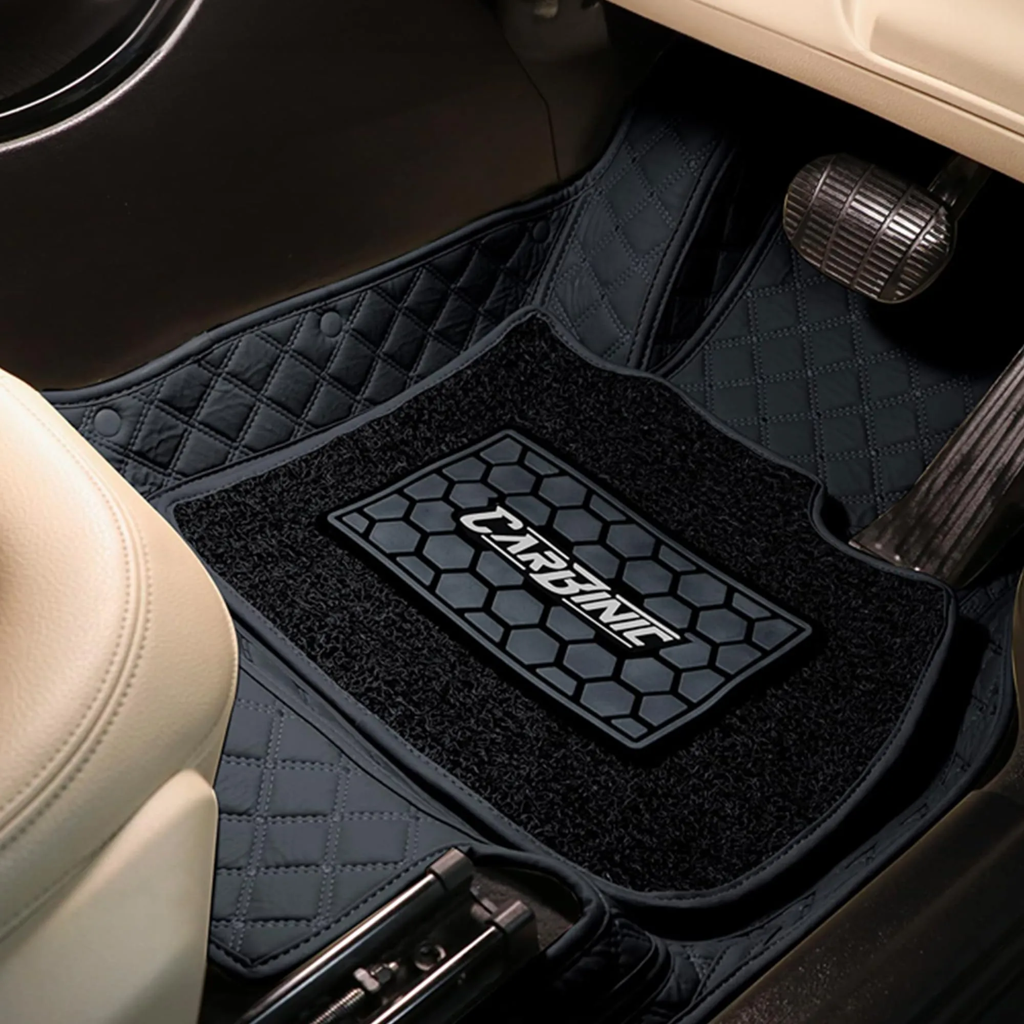 CARBINIC 7D Car Mats | Compatible for Mahindra Thar 2021 | 7-Depth Layer Protection Car Floor Mats Anti Skid | Car Accessories | Detachable Layer of Curly Mat | Premium Double Stitched Leather Mats