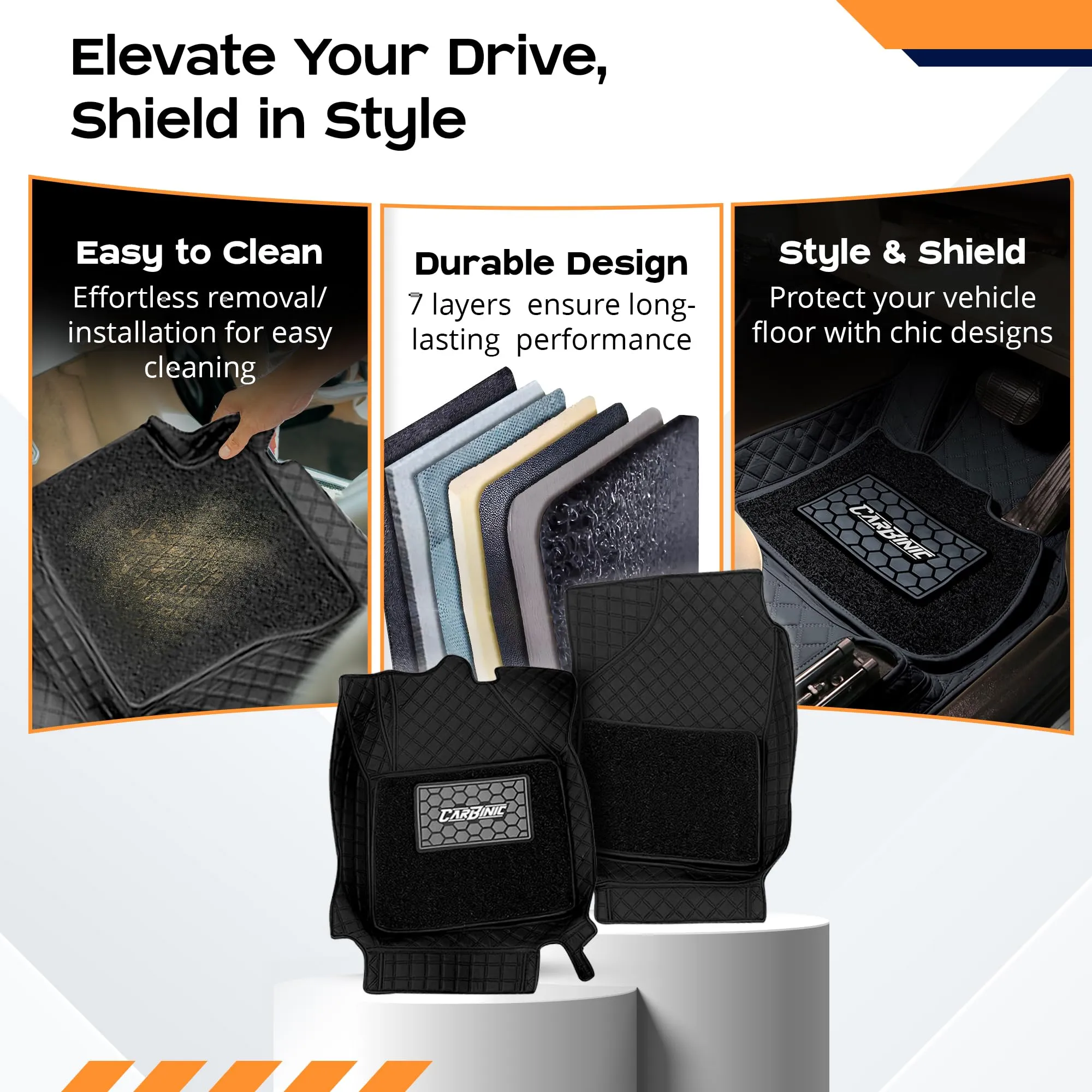 CARBINIC 7D Car Mats | Compatible for Mahindra Thar 2021 | 7-Depth Layer Protection Car Floor Mats Anti Skid | Car Accessories | Detachable Layer of Curly Mat | Premium Double Stitched Leather Mats