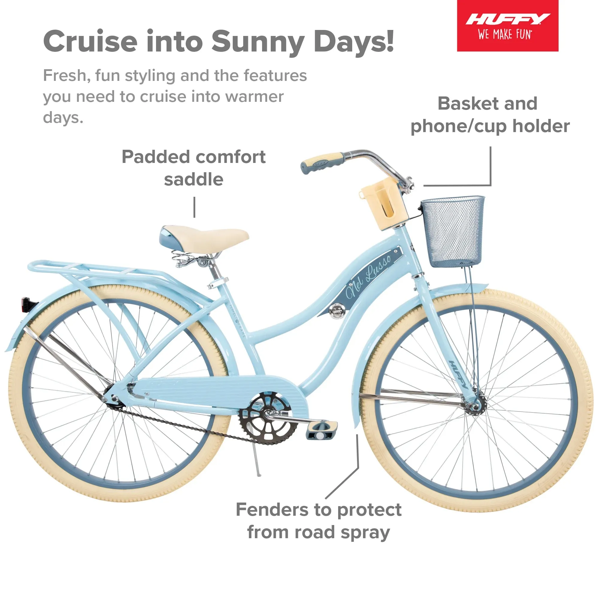 Huffy Nel Lusso Cruiser Bike, 26" Wheels, Adults Ages 13  Years, Light Blue