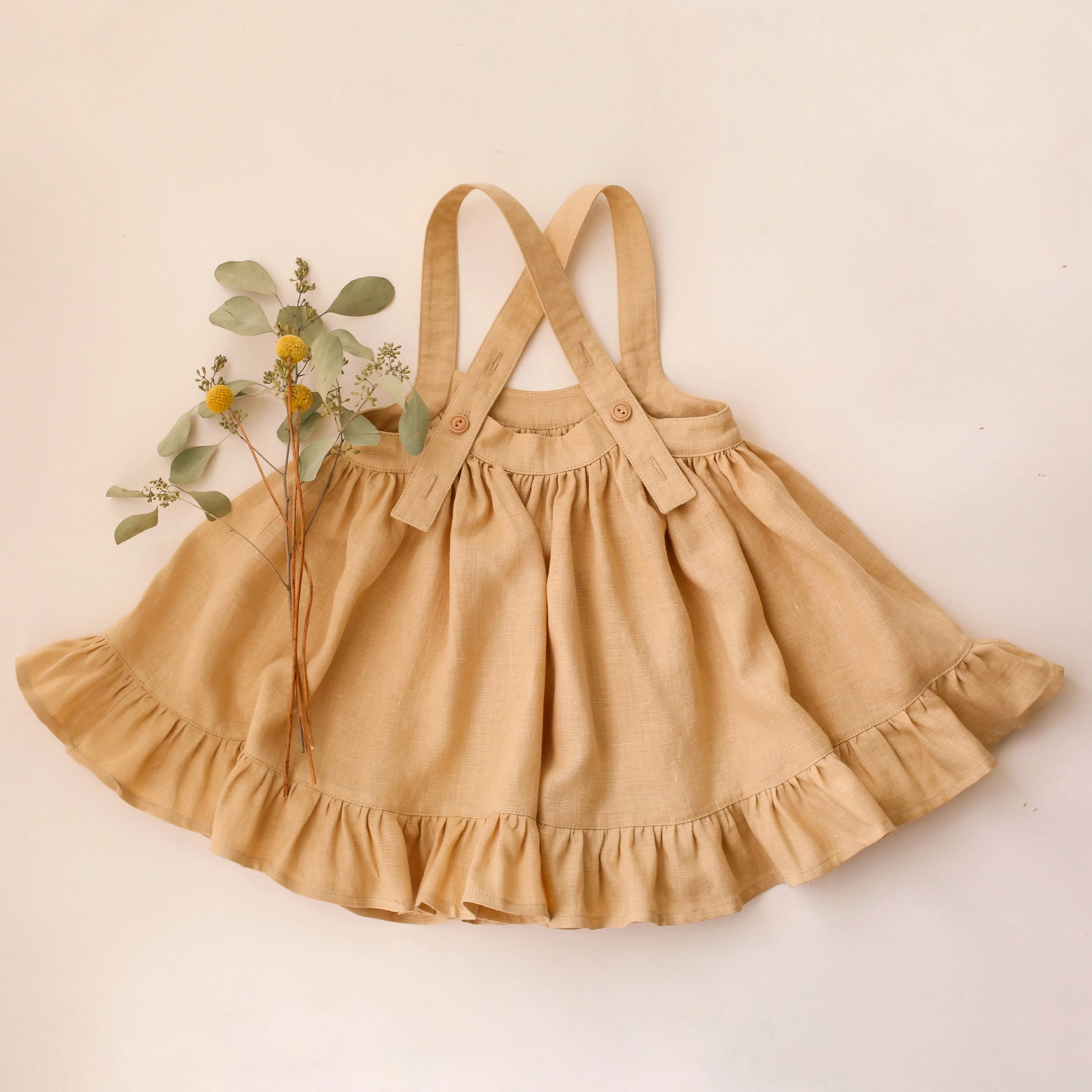 Melon Linen Straps Pinafore with Frills with Bouquet #1 Embroidery