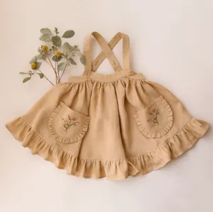 Melon Linen Straps Pinafore with Frills with Bouquet #1 Embroidery