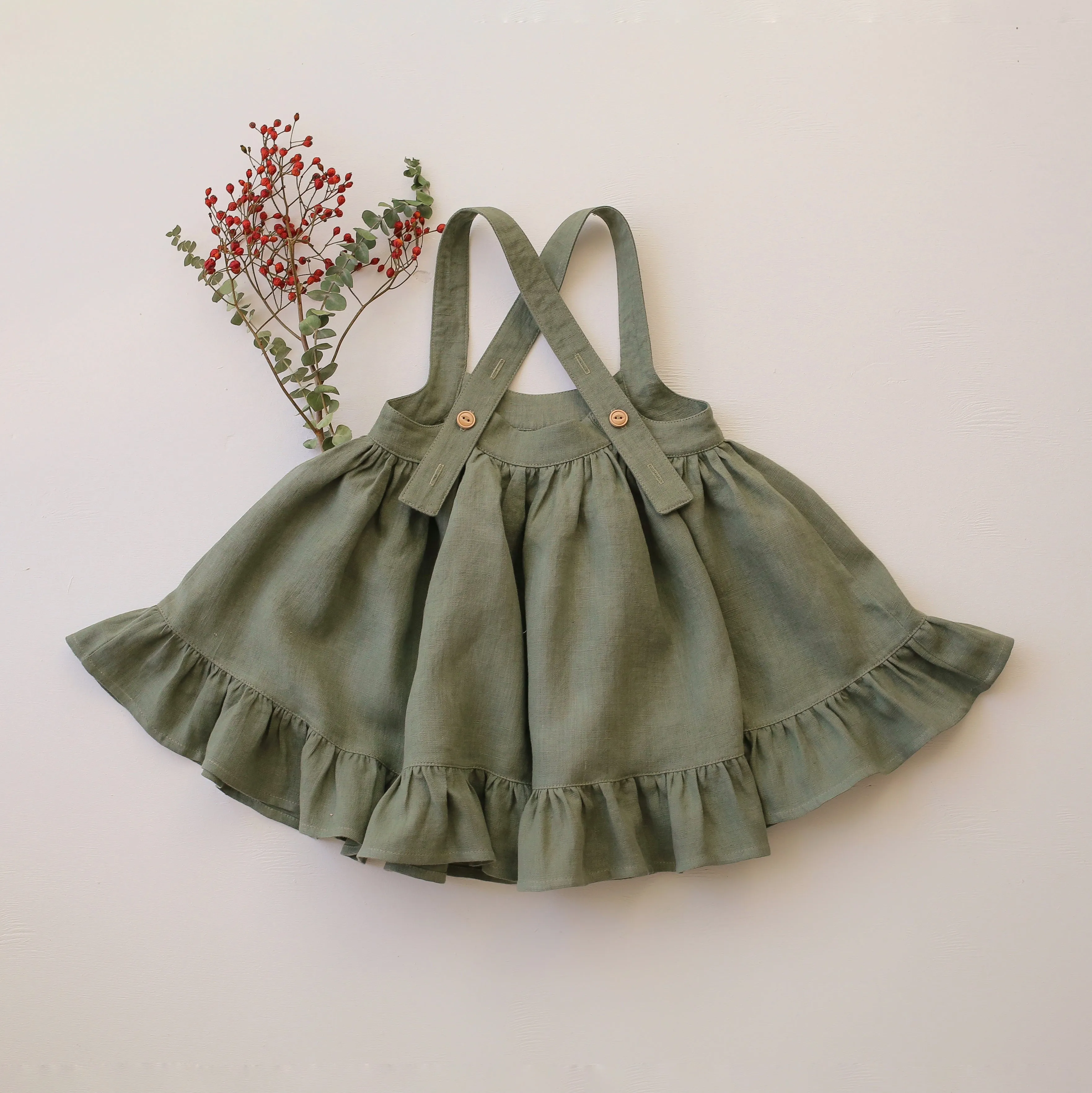 Olive Linen Straps Pinafore with Frills with Fly Agaric Mushrooms Embroidery
