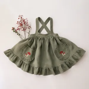 Olive Linen Straps Pinafore with Frills with Fly Agaric Mushrooms Embroidery