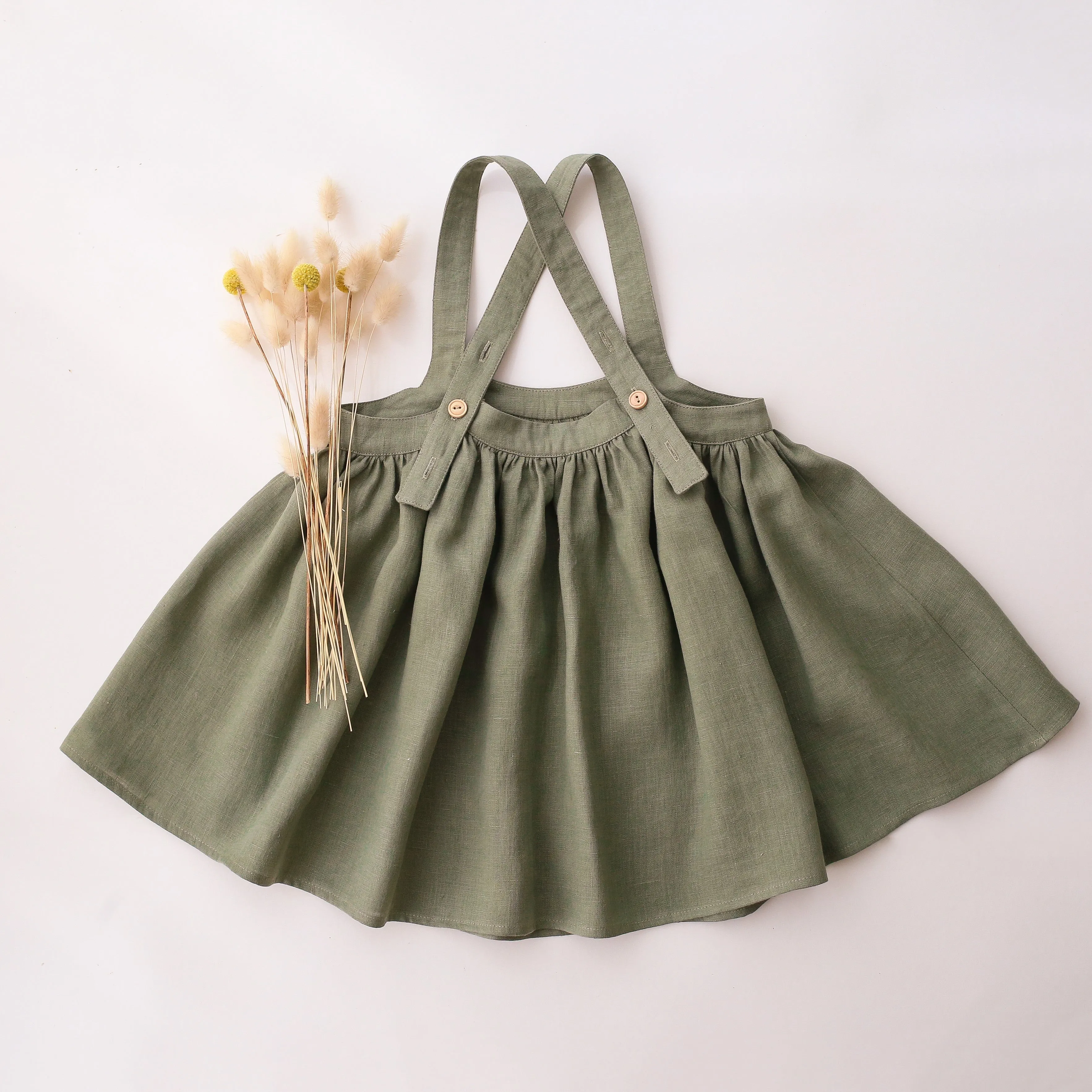 Olive Linen Straps Pinafore with Pockets