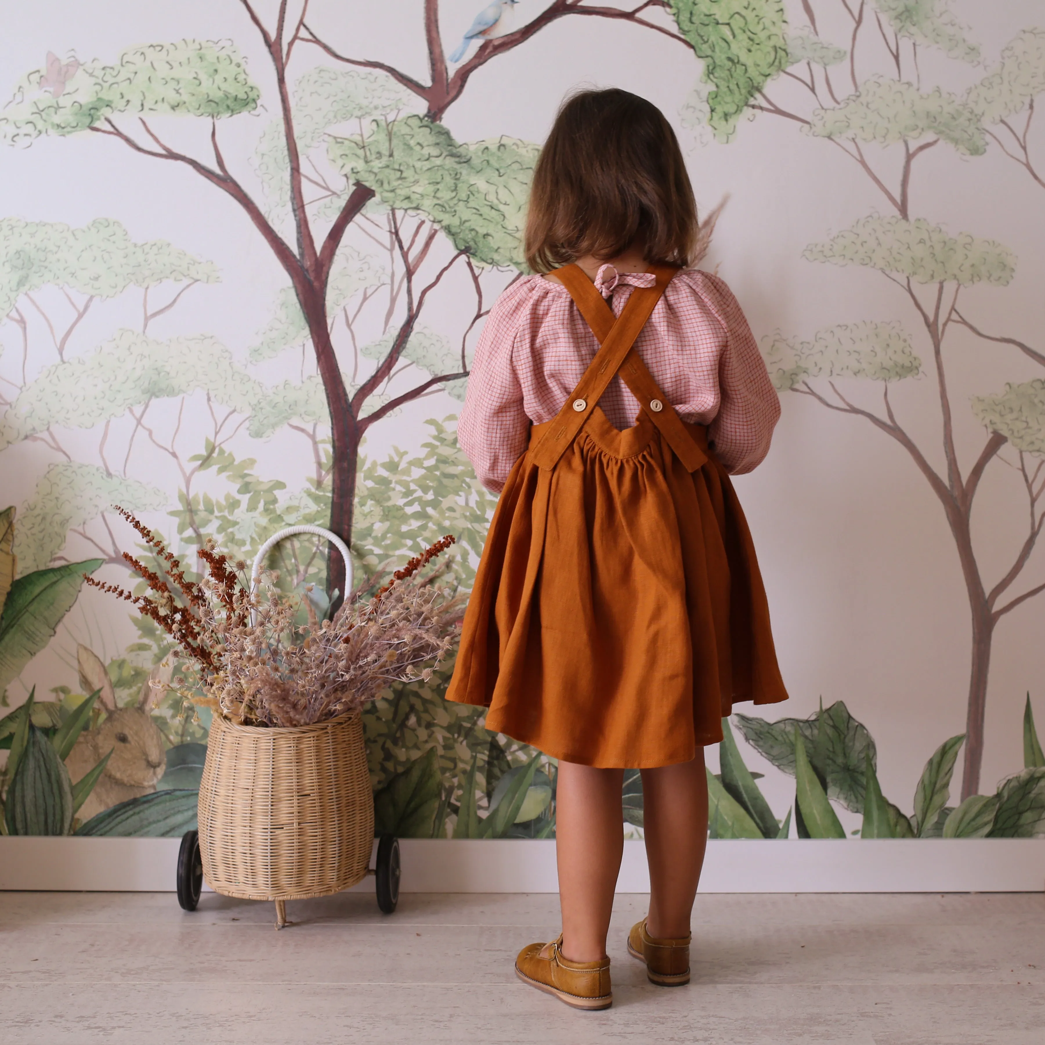 Olive Linen Straps Pinafore with Pockets