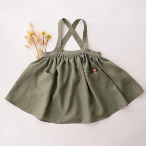 Olive Linen Straps Pinafore with Pockets