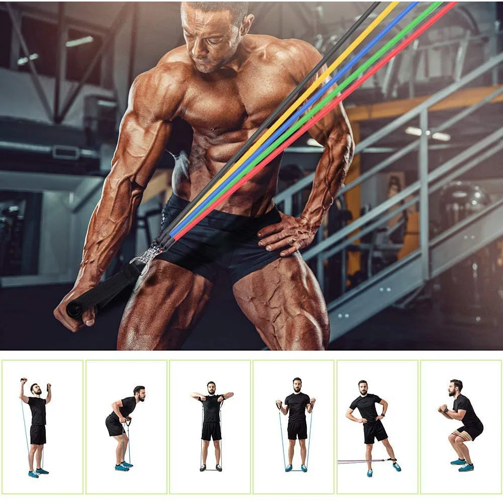 Set of 11 Home Exercise Resistance Band With Foam Handles, Ankle Straps & Door Anchor Attachment